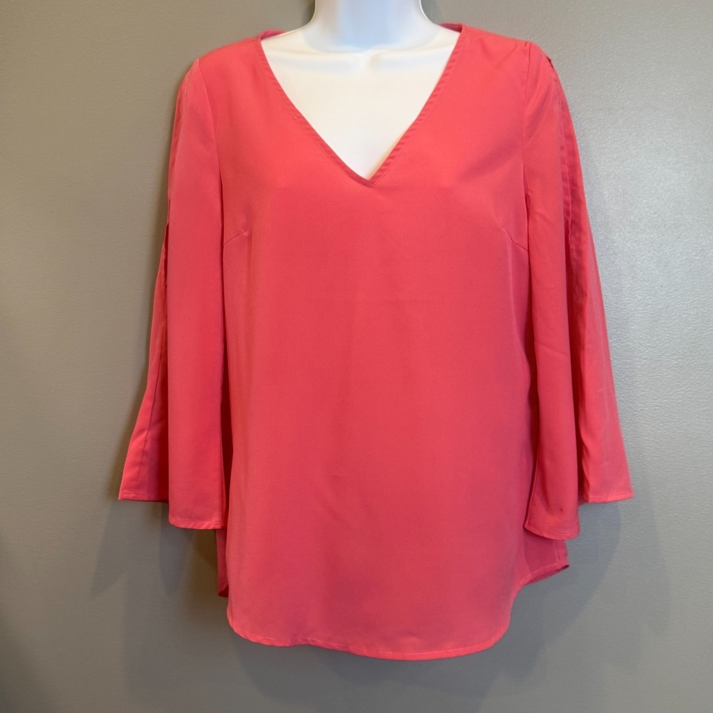 Crosby Women's Small Coral Pink V-Neck Split Sleeve Blouse 3/4 Sleeve